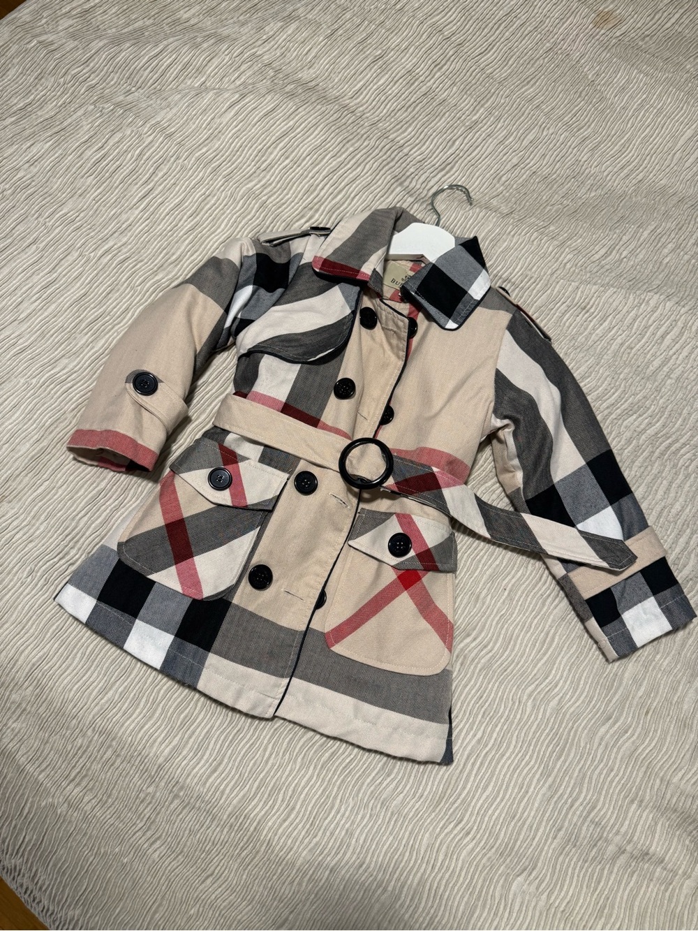 Burberry Beige Plaid Kids Trench Coat with Black & Red Accents